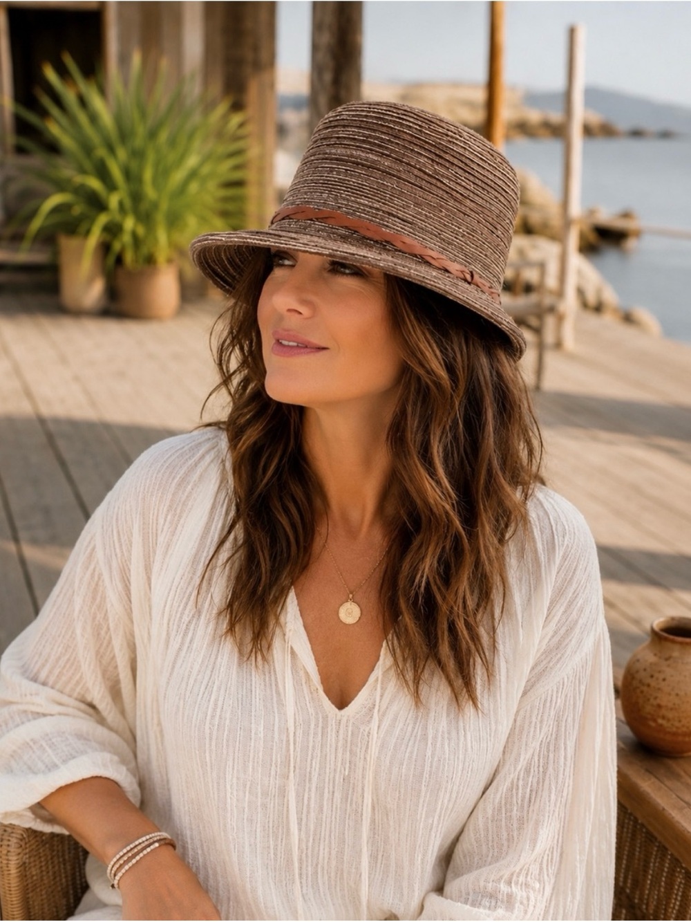 August Hat Company Woven Brown Boater Hat with Braided Trim Detail Beach Preppy